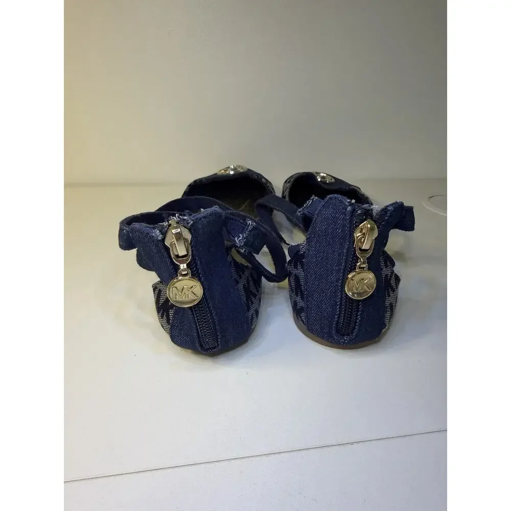 Michael Kors Denim Flats Girls 3 Navy MK Logo Monogram Strappy Point Toe Shoes